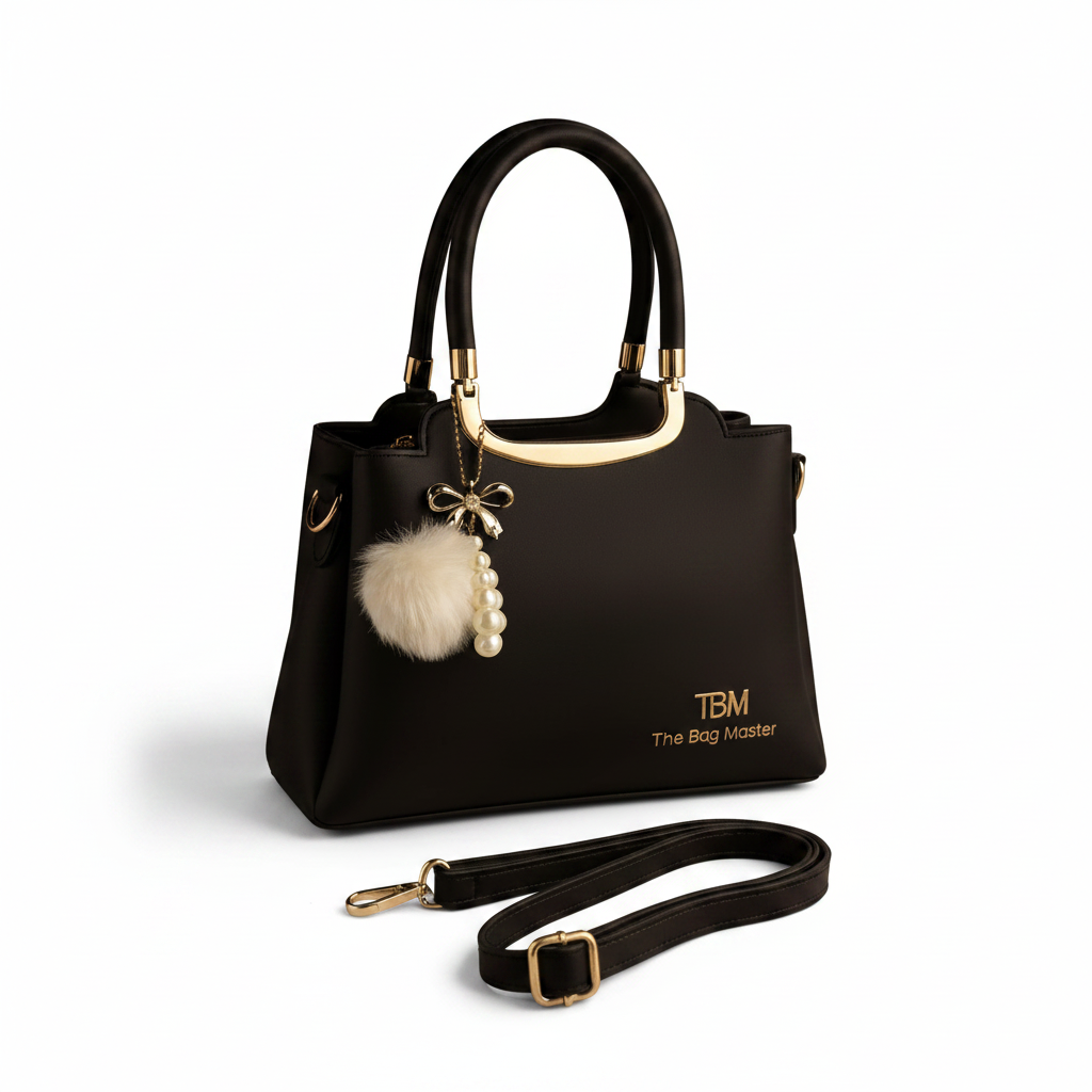 Black Rexine Hand Bag White Background