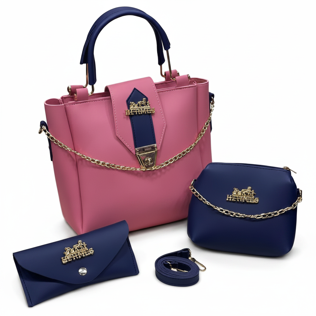 PU Leather Bag Set - Pink & Navy